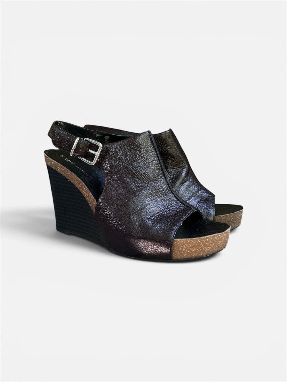 BCBGeneration “Trippy” Leather Wedge Sandal in Black Size 7 1/2